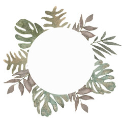 Palm monstera leaves in watercolor on white background. Beautiful tropical exotic foliage. Summer tropical leaf. Watercolor circle frame illustration - 464196079