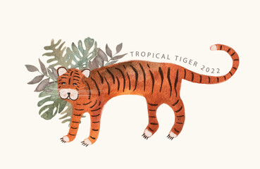Obraz na płótnie Canvas Card with watercolor tiger and monstera palm leaves. Cartoon characters of wild nature. The tiger is the symbol of the 2022 New Year.
