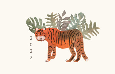 Fototapeta na wymiar Card with watercolor tiger and monstera palm leaves. Cartoon characters of wild nature. The tiger is the symbol of the 2022 New Year.