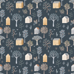 Beautiful vector winter seamless pattern with hand drawn watercolor cute trees and houses. Stock illustration.