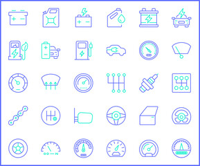 Set of Car parts and car service icons line style. It contains such Icons as speed meter, electric car, EV charging, station, energy, battery, oil, chain  and other elements.