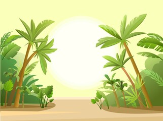 Palm trees in tropical forest. Beautiful summer landscape. Great southern sun. Vector.