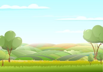 Rural harvest landscape. Farm garden and fruit trees. Foggy distance. Funny cartoon design illustration. Suburban sceneries. Flat style. Vector.