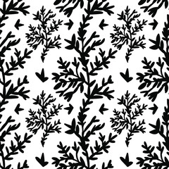 Vector seamless pattern with Winter botanicals hand drawn black line. Christmas repeating print with plants in doodle style.Design for textiles,packaging,social media,wrapping paper,scrapbook paper. 