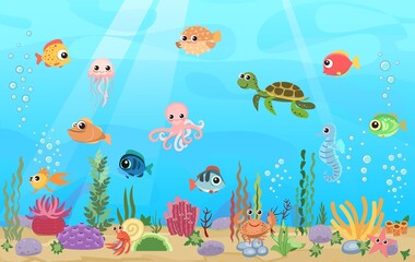 Bottom of reservoir with fish. Blue water. Sea ocean. Underwater landscape with animals. plants, algae and corals. Cartoon style illusteration. Vector art