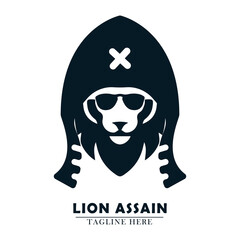 lion head wearing assassin concept hood and glasses logo icon