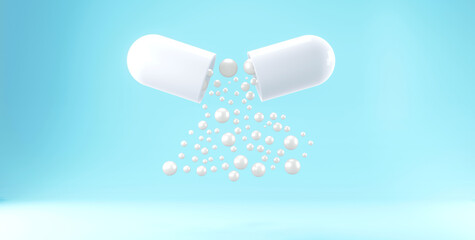 white pill capsule isolated blue background The concept of drug discovery for therapeutic use in the organization's banner