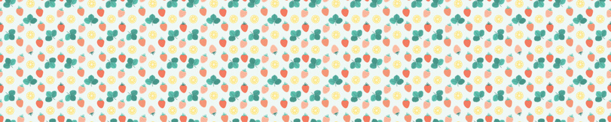 Seamless pattern with leaves, strawberries and lemon slices