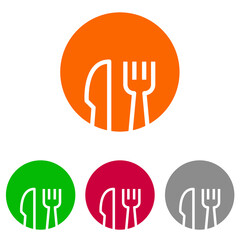 Cubiertos en circunferencia. Logotipo con silueta de tenedor y cuchillo en círculo con lineas en varios colores
