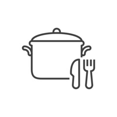 Pote con cubiertos. Logotipo olla con tapa con tenedor y cuchillo con lineas en color gris