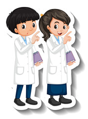 Scientist couple kids cartoon character sticker