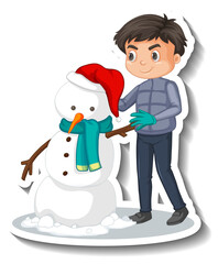 Boy building a snowman cartoon sticker