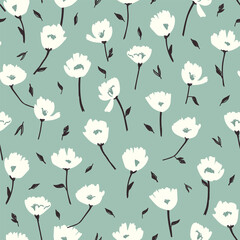 Fototapeta na wymiar Cute seamless floral pattern. Trendy hand drawn digital illustration of white flower with stem and leaves repeating on sage green background. Wrapping paper, fabric, surface design