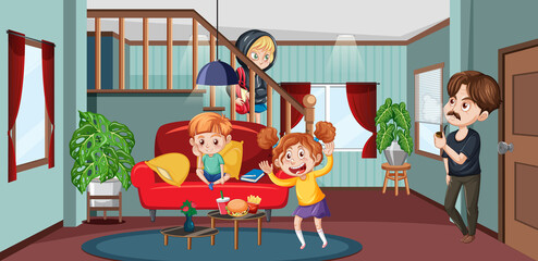 Interior of living room with children