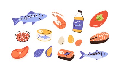 Healthy food set with seafood, fish, meat, eggs. Grocery collection with caviar, salmon, codfish, mussels, shrimp, sprats and steaks. Flat vector illustration of nutrition isolated on white background