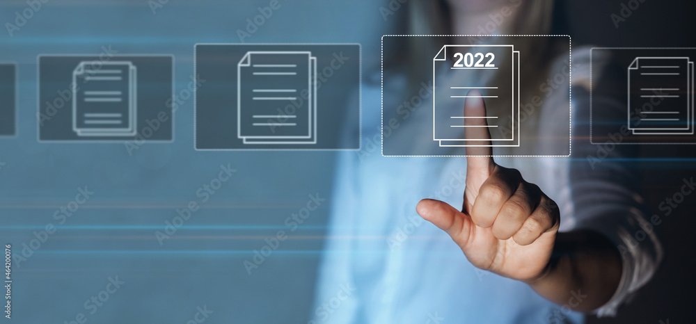 Poster businesswoman pointing virtual screen with virtual checkbox lists for 2022 year. new goals, vision, 