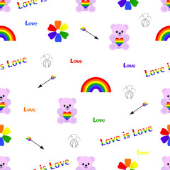 LGBT community pride vector seamless pattern. Teddy bear, flower, rainbow, flag, in the palette of lgbt communities. Gender signs on white isolated background. Sexual Identity, LGBT Rights