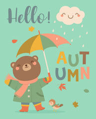 “Hello autumn” typography design with cute bear holding umbrella and little bird cartoon illustration.