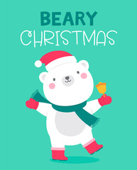 Cute polar bear cartoon illustration with text “Beary christmas” for christmas and new year card design.