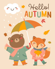 “Hello autumn” typography design with cute bear and fox cartoon illustration.
