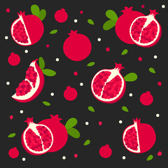 Seamless pomegranate pattern, on a dark background. Vector pattern.