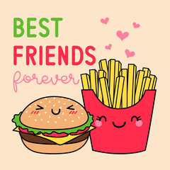 Cute french fries and hamburger cartoon illustration with text “Best friends forever” for greeting card design.