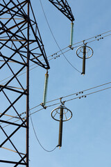 High-voltage power lines. High voltage electric transmission tower.