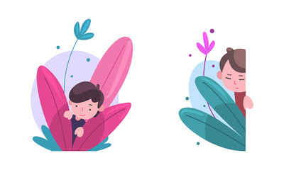Cute Boy Hiding in Fairy Bush Vector Set