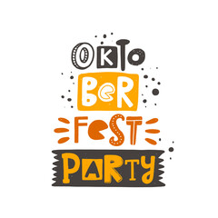 Oktoberfest party stylized colored lettering. Traditional German beer festival vector grunge style typography with ink drops. Isolated hand drawn phrase. Poster, banner, print design