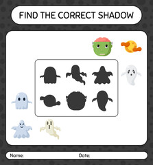 Find the correct shadows game with halloween icon. worksheet for preschool kids, kids activity sheet
