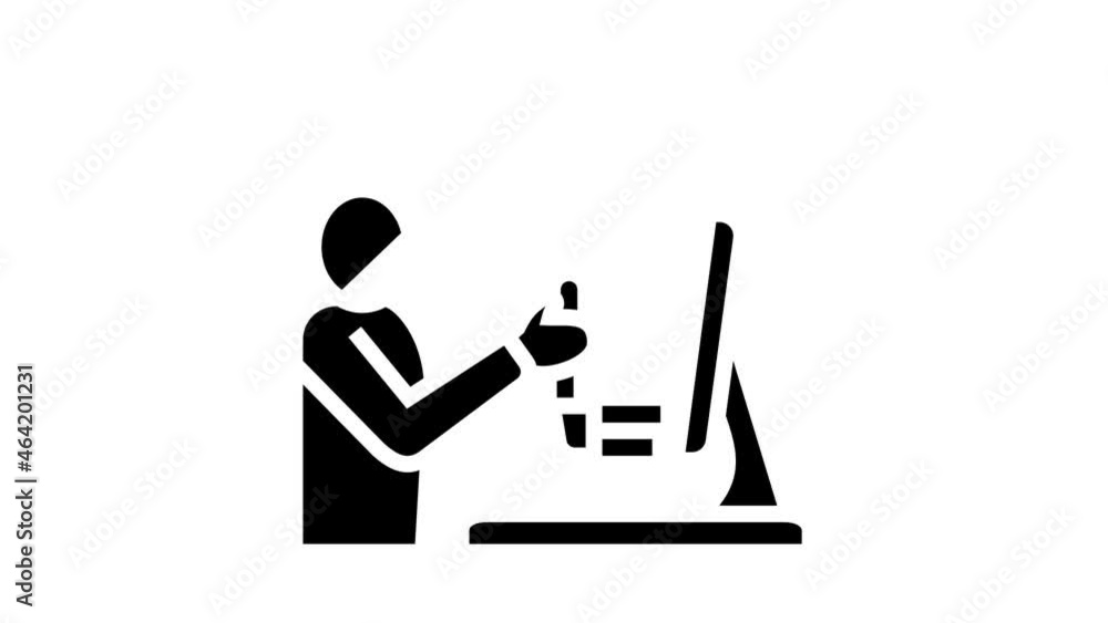 Poster education flight simulator on computer animated glyph icon. education flight simulator on computer s