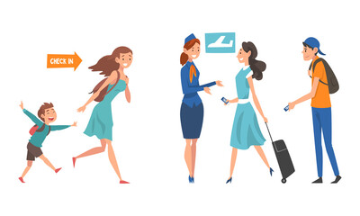 People Character at Airport Walking with Ticket Toward Gate for Check in Vector Illustration Set