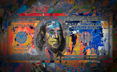 dollar banknote with creative colorful abstract elements on dark background - obrazy, fototapety, plakaty