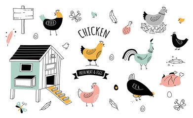 chicken farm organic eggs and meat icon set - obrazy, fototapety, plakaty