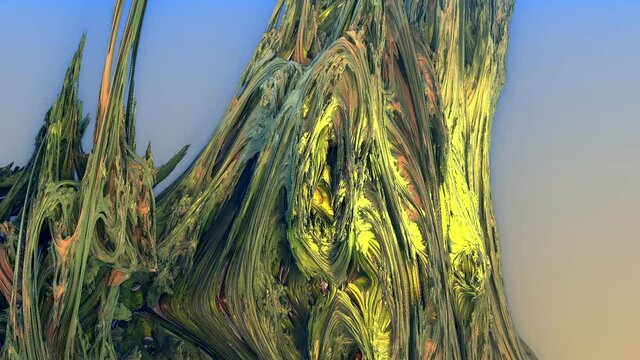 Virtual approach into the knothole of a strange withered tree stump, 3d fractal graphic, part of a huge fractal according to the Mandelbrot equations, Mandelbulb motion graphic