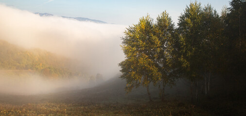 Fototapeta na wymiar beautiful foggy autumn morning landscape in rural Transylvania