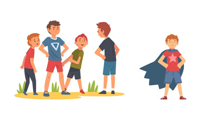 Fototapeta premium Little Boy Protecting Weak from Hooligan and Wearing Superhero Cloak Vector Set