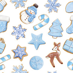 Seamless pattern of cute watercolor gingerbread. Christmas gingerbread cookies. Christmas decorations