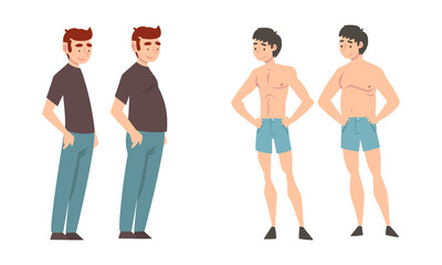 Fat and Slim Man Before and After Weight Loss Vector Set
