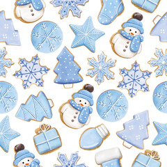 Seamless pattern of cute watercolor gingerbread. Christmas gingerbread cookies. Christmas decorations