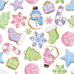 Seamless pattern of cute watercolor gingerbread. Christmas gingerbread cookies. Christmas decorations