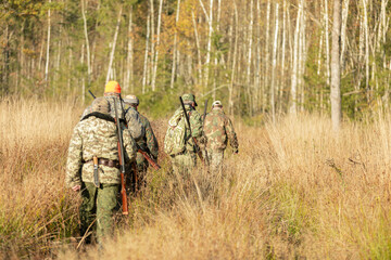 Group of hunters during hunting in the forest - 464203219
