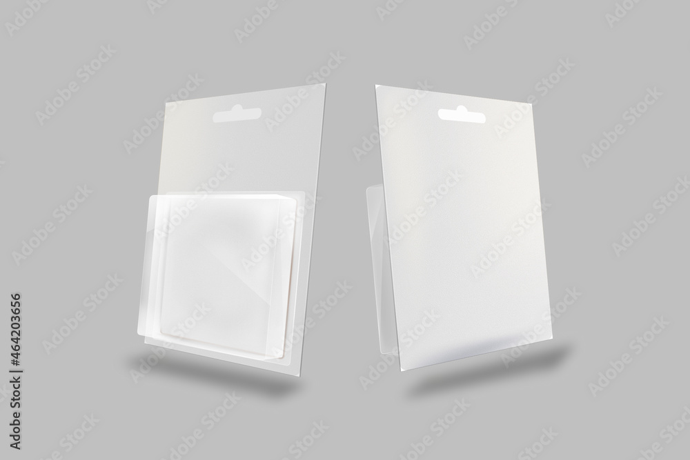 Poster empty blank blister packaging mock up isolated on grey background. 3d rendering.
