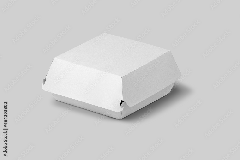 Aufkleber empty blank white burger box with wrapped burger mock up isolated on a grey background. 3d rendering