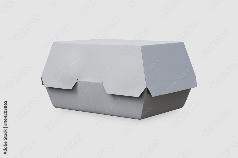 Poster empty blank white burger box with wrapped burger mock up isolated on a grey background. 3d rendering
