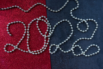 Happy New Year. Holiday Decoration or postcard concept with flat lay copy space