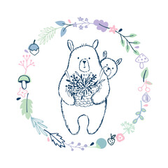 Vector doodle illustration with forest wreath and bear. Hand drawn clipart isolated on white background.