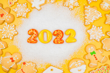 New years 2022 holidays composition on yellow background