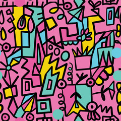 Vector colorful hand drawn abstract graffiti seamless pattern.