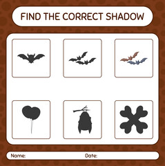 Find the correct shadows game with bat. worksheet for preschool kids, kids activity sheet